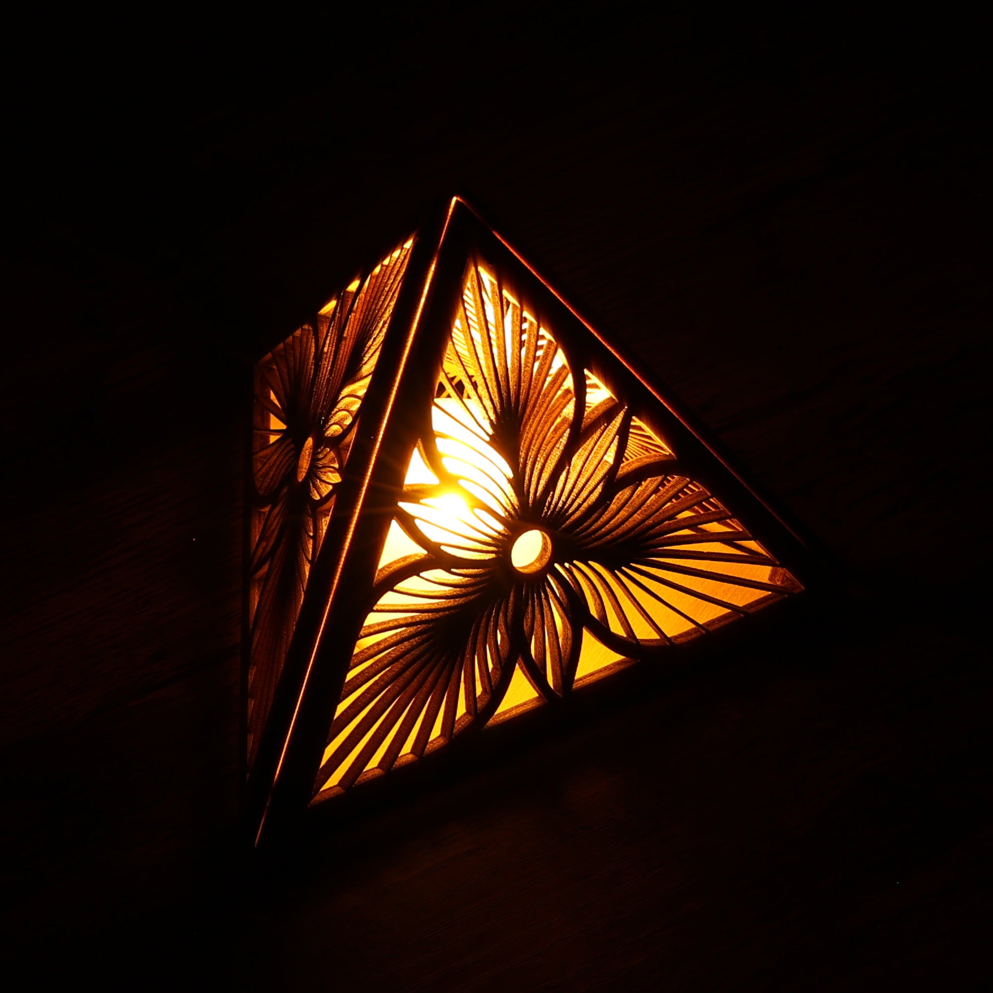 Sunburst Bloom Pyramid Lamp, Wooden RGB LED Color Changing Accent Light, Geometric Floral Night Light, Modern Table Decor