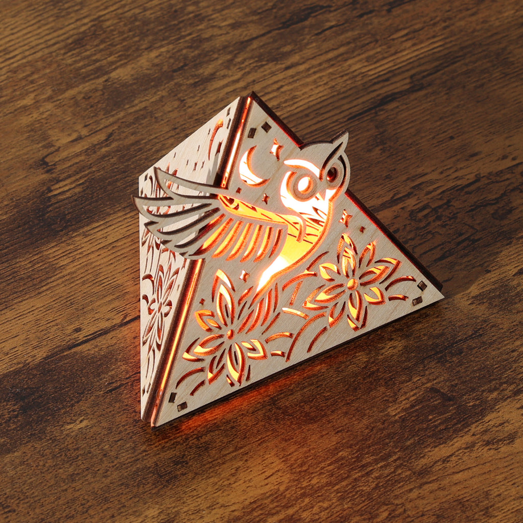 Moonlit Owl Pyramid Lamp, Wooden RGB LED Color Changing Accent Light with Remote
