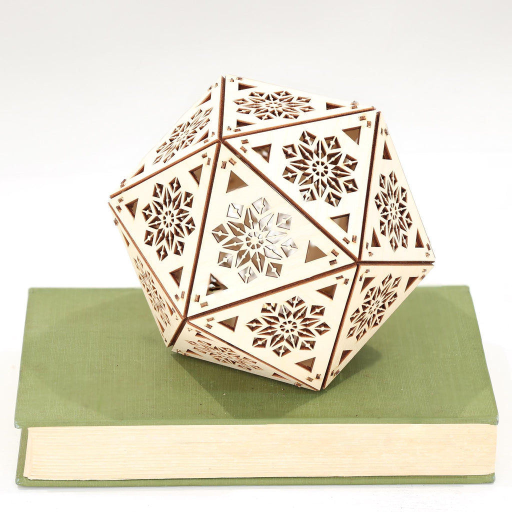 Geometric Wood Shadow Lamp: Mandala Decor, D20 Icosahedron Lantern