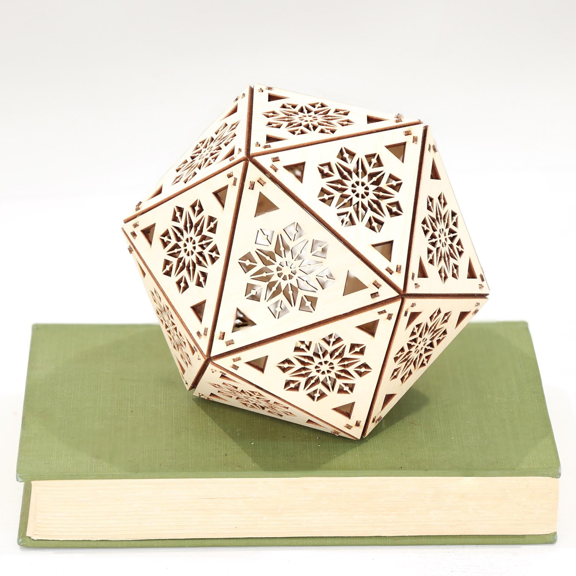 Geometric Wood Shadow Lamp: Mandala Decor, D20 Icosahedron Lantern