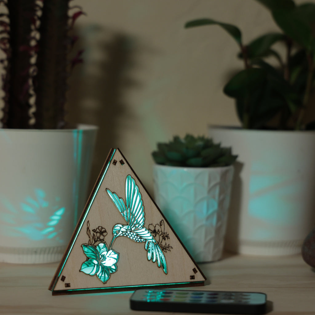 Hummingbird Wood Pyramid Night Light: RGB Bird Art Decor