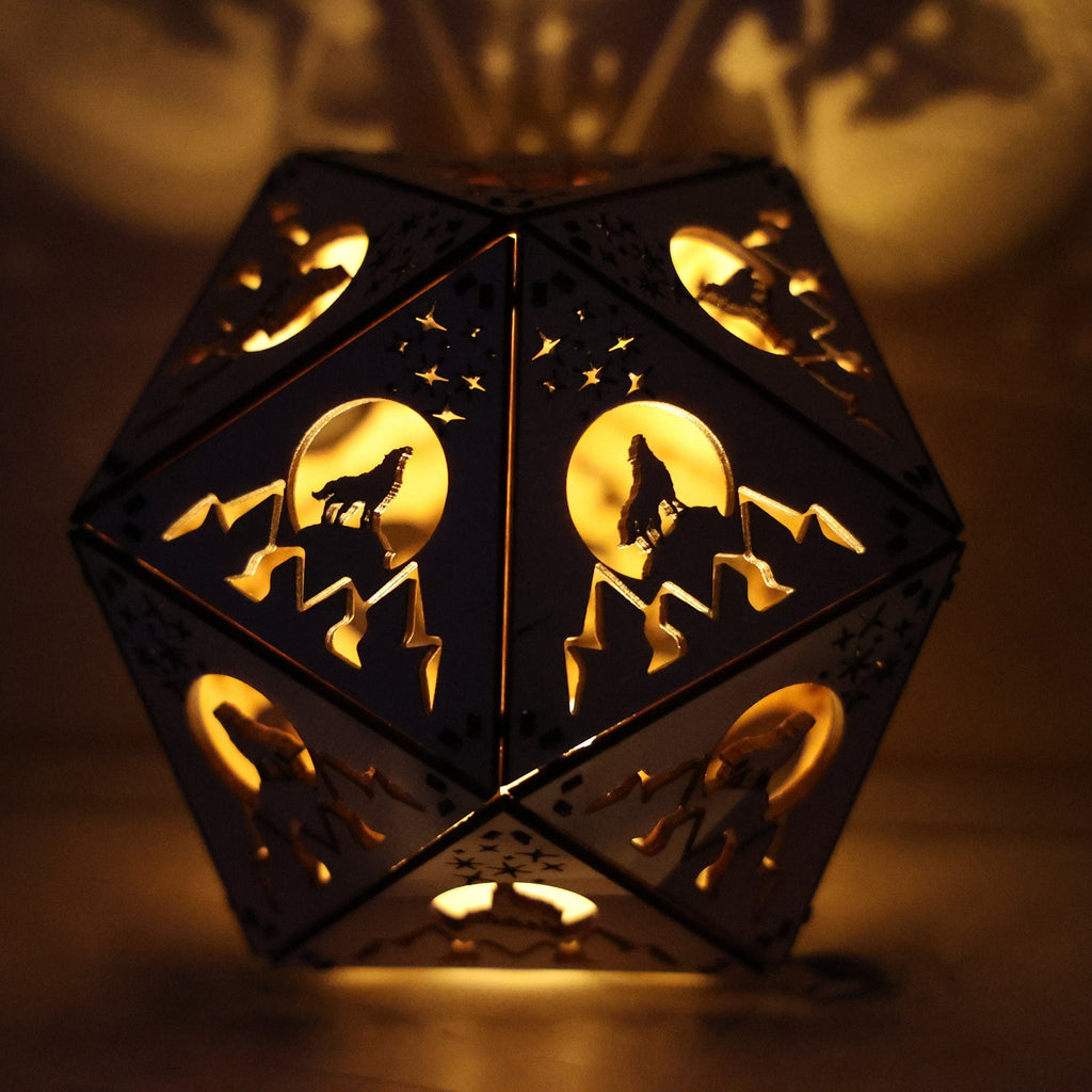 Howling Wolf Shadow Lamp: Geometric Wooden Lantern, Mountain Decor
