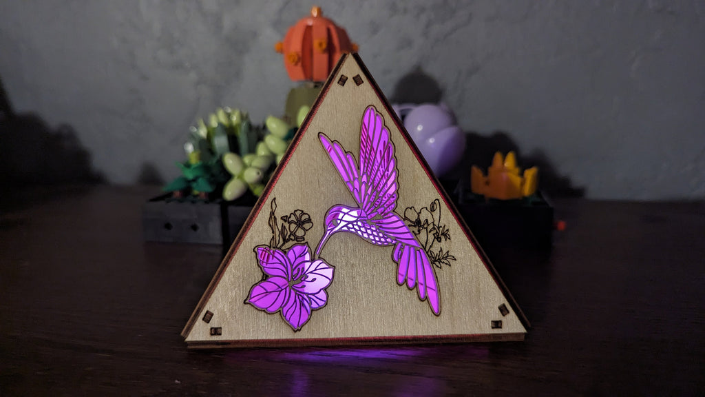 Hummingbird Wood Pyramid Night Light: RGB Bird Art Decor