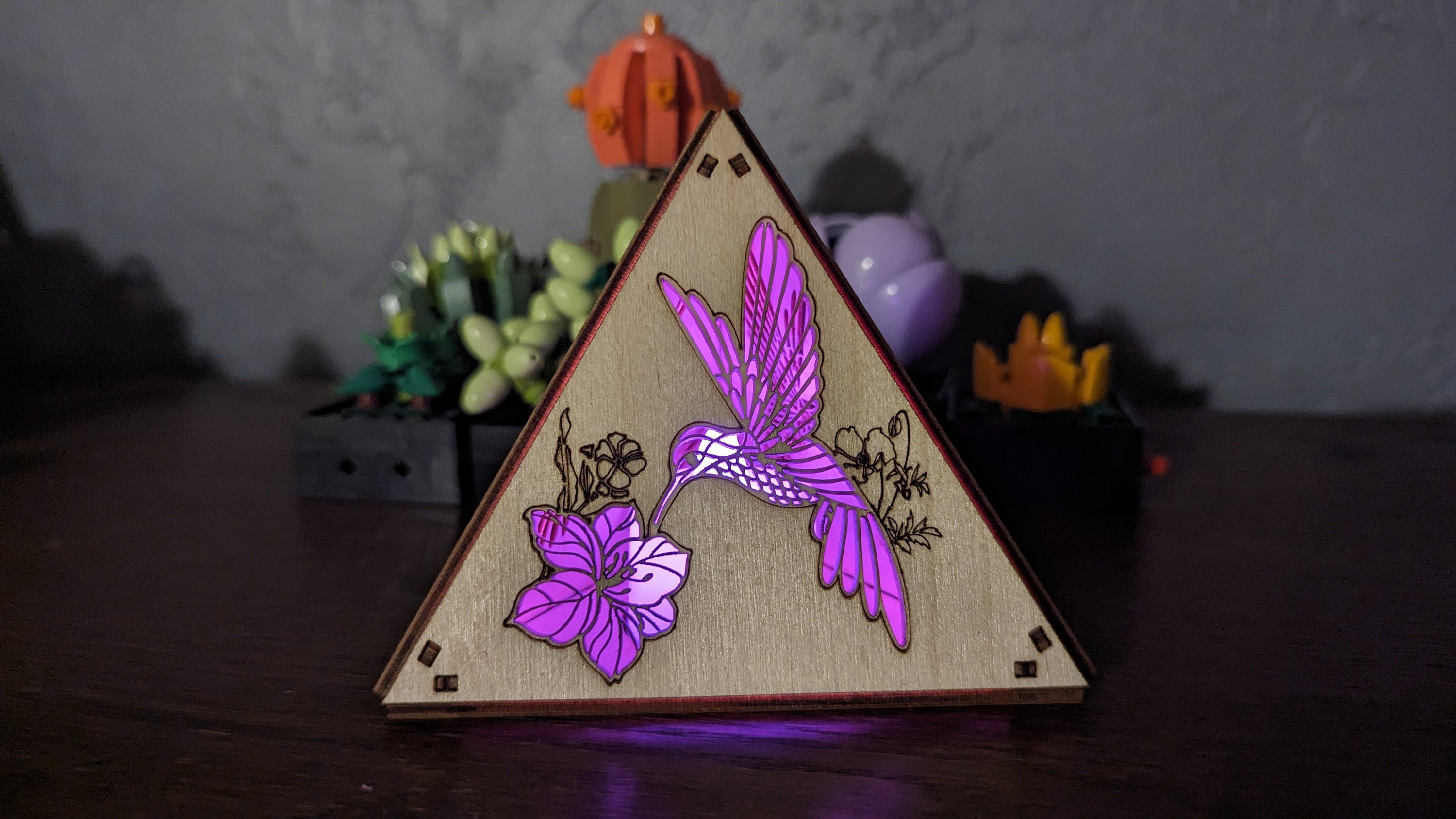Hummingbird Wood Pyramid Night Light: RGB Bird Art Decor