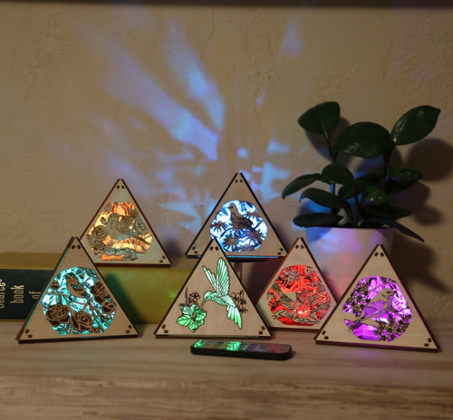 Bird Themed Lighted Decor: Laser - Cut Wood Pyramid Accent Lamp, RGB Cordless Light - Five Penny Piece