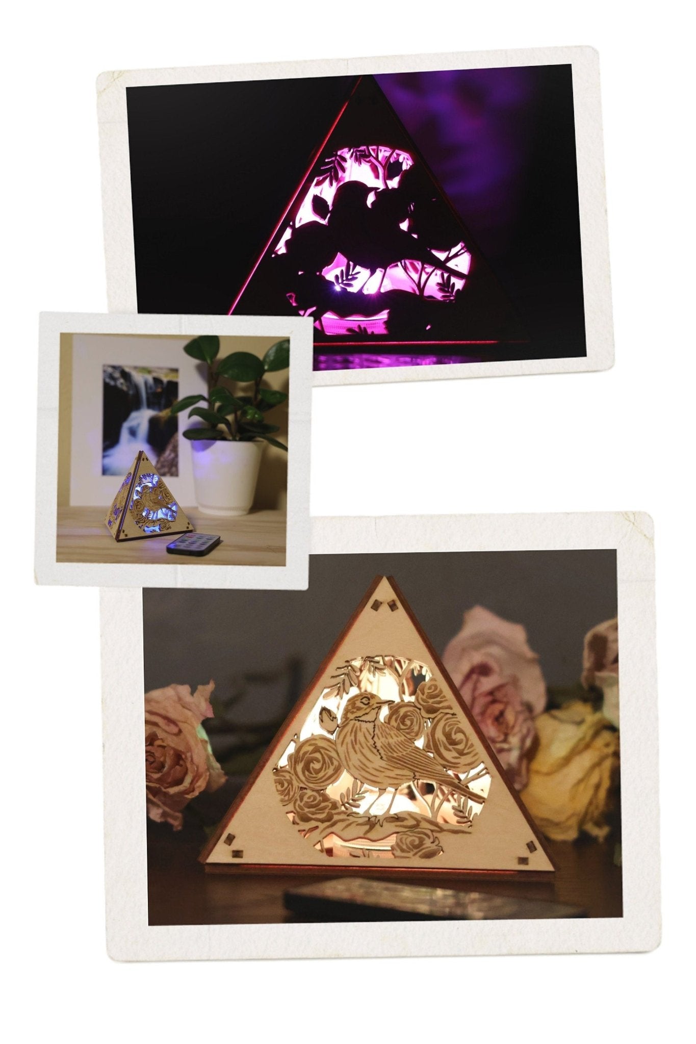Bird Themed Lighted Decor: Laser - Cut Wood Pyramid Accent Lamp, RGB Cordless Light - Five Penny Piece