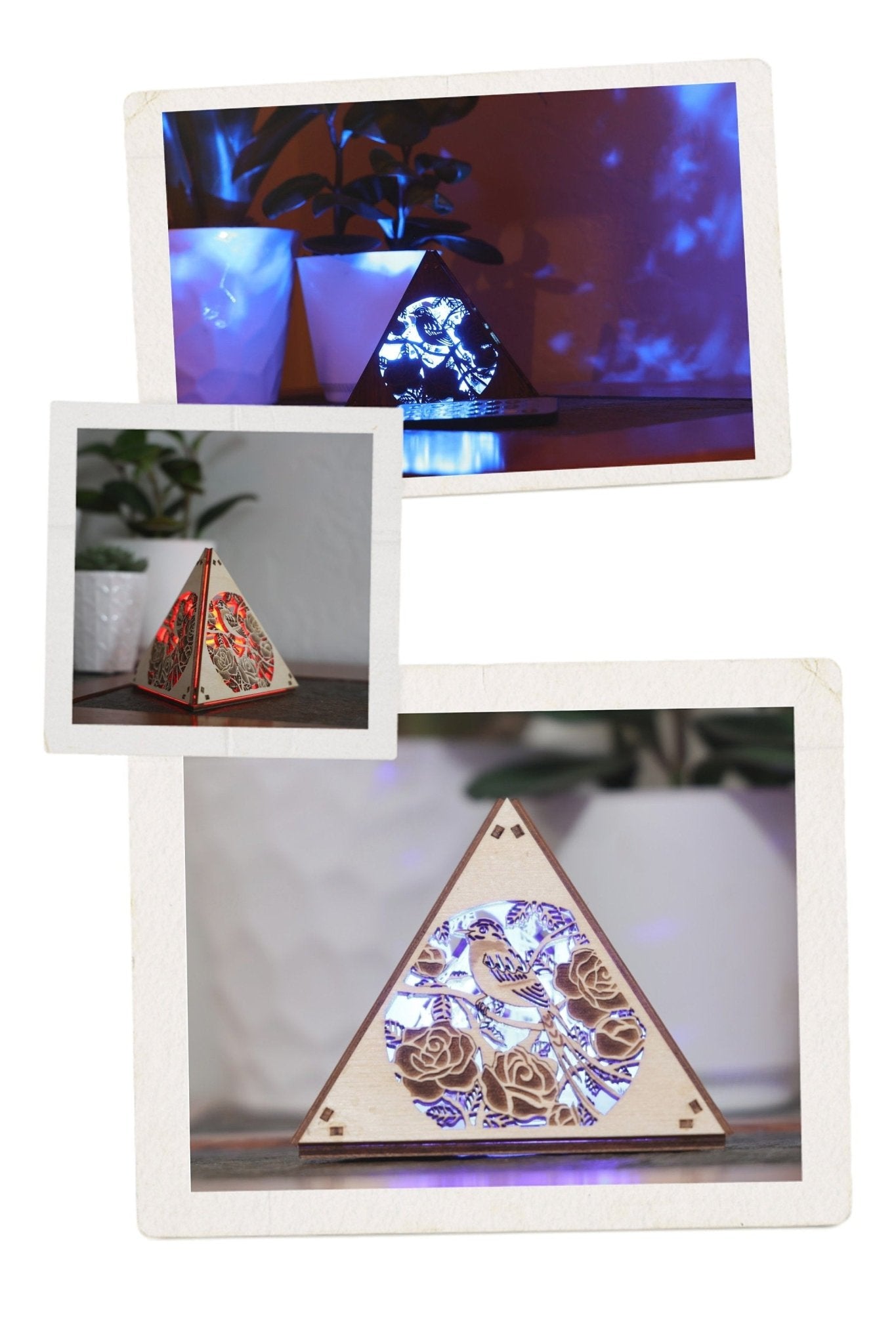 Bird Themed Lighted Decor: Laser - Cut Wood Pyramid Accent Lamp, RGB Cordless Light - Five Penny Piece