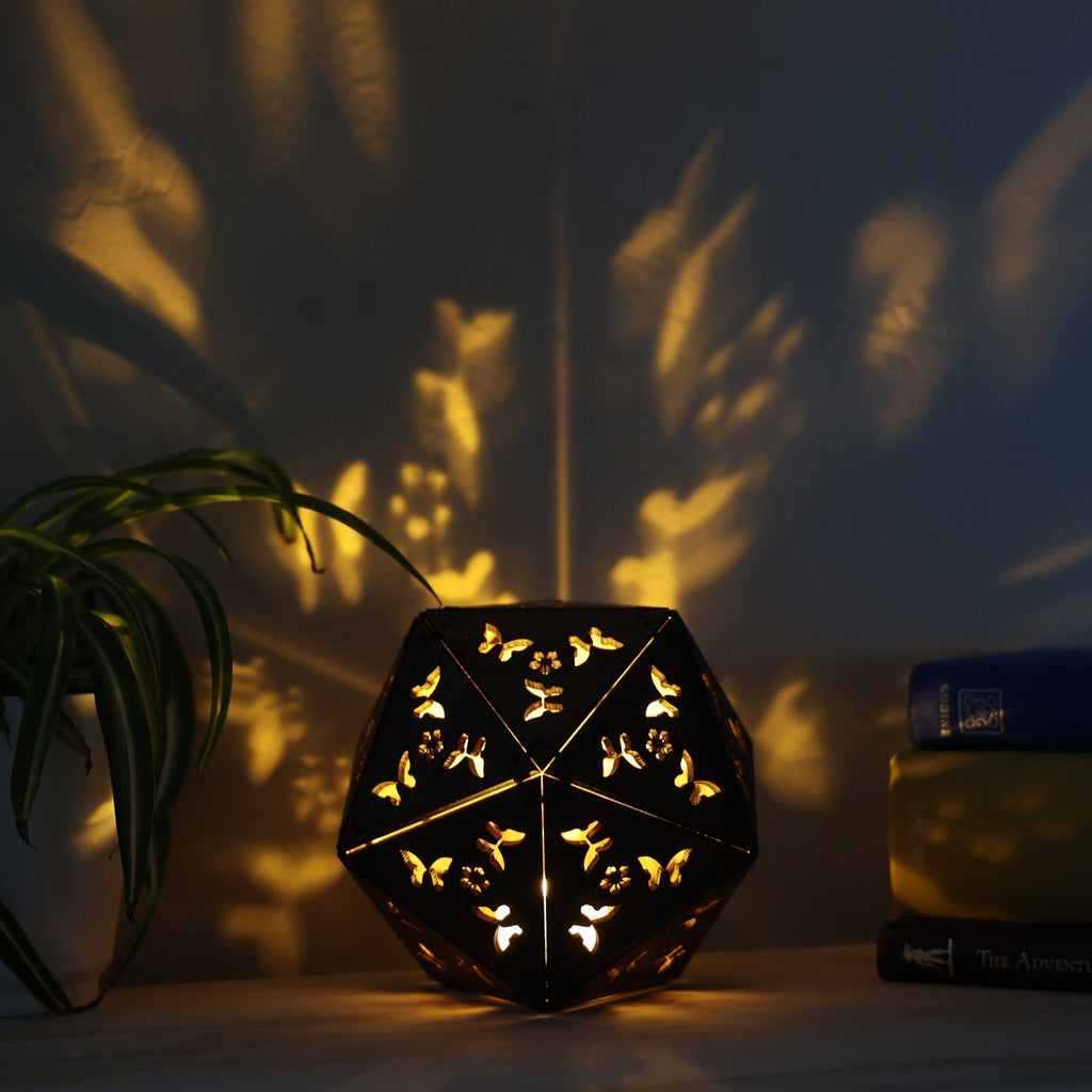 Butterfly Dragonfly Shadow Lamp: Geometric Wood Lantern - Five Penny Piece