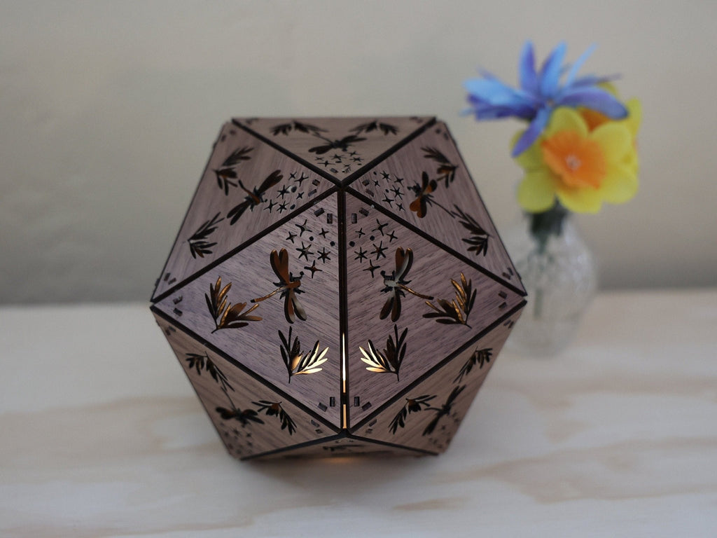 Butterfly Dragonfly Shadow Lamp: Geometric Wood Lantern - Five Penny Piece