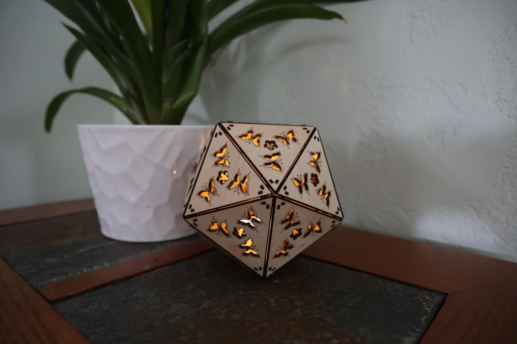 Butterfly Dragonfly Shadow Lamp: Geometric Wood Lantern - Five Penny Piece