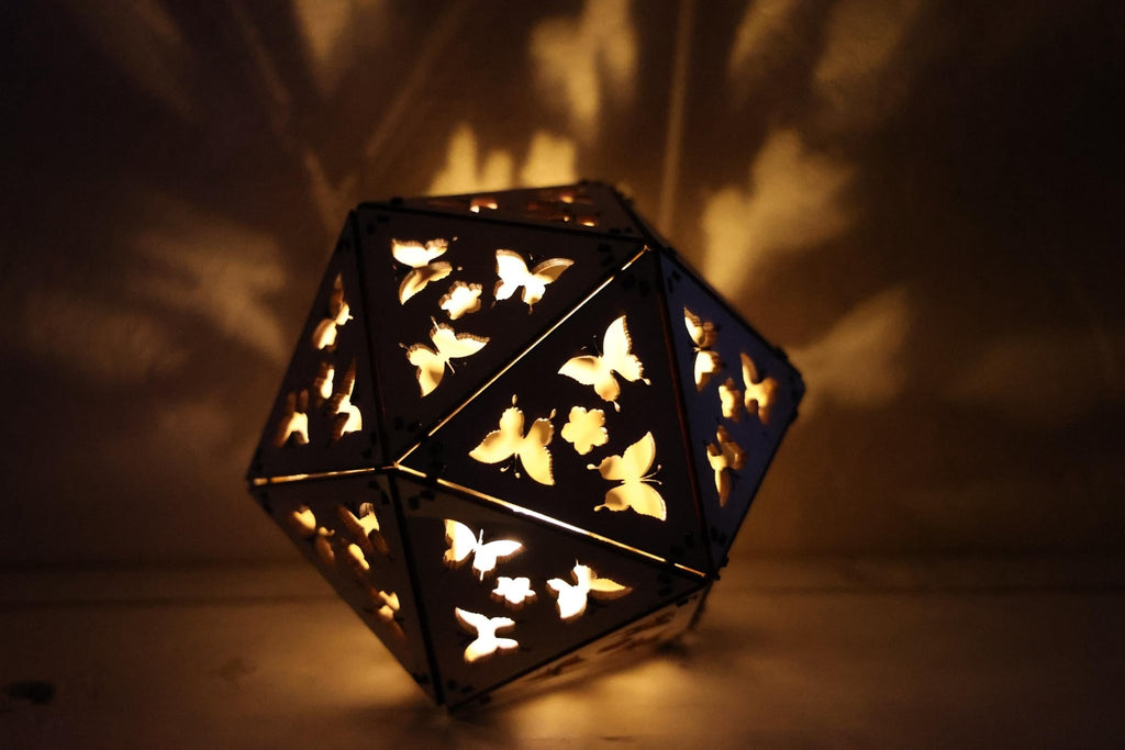 Butterfly Dragonfly Shadow Lamp: Geometric Wood Lantern - Five Penny Piece