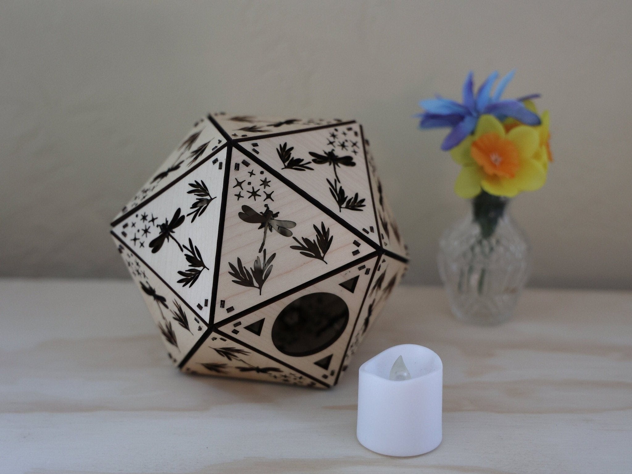 Butterfly Dragonfly Shadow Lamp: Geometric Wood Lantern - Five Penny Piece