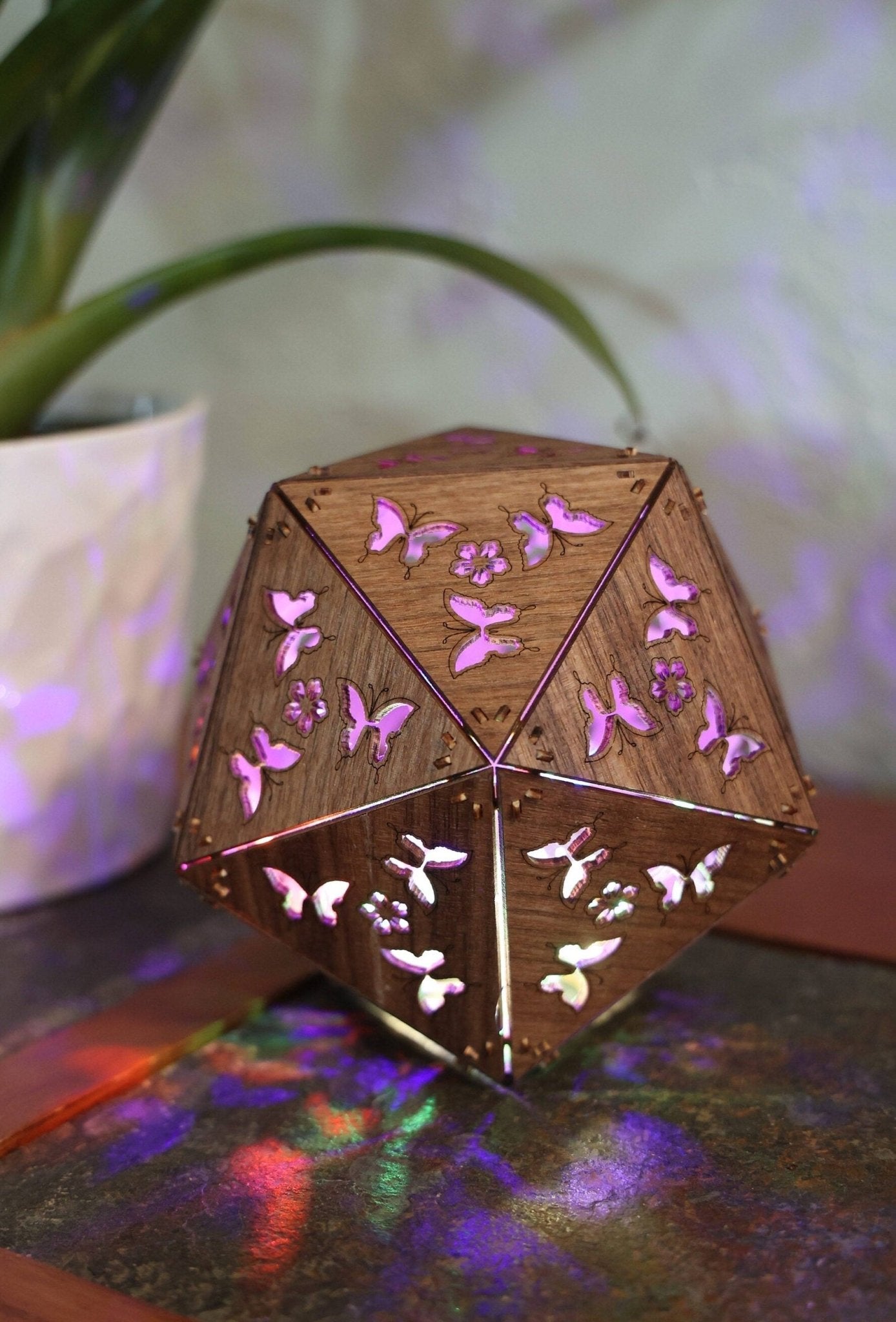 Butterfly Shadow Lamp: Cordless LED Projection Light, Walnut Wood Nature Decor - Five Penny Piece