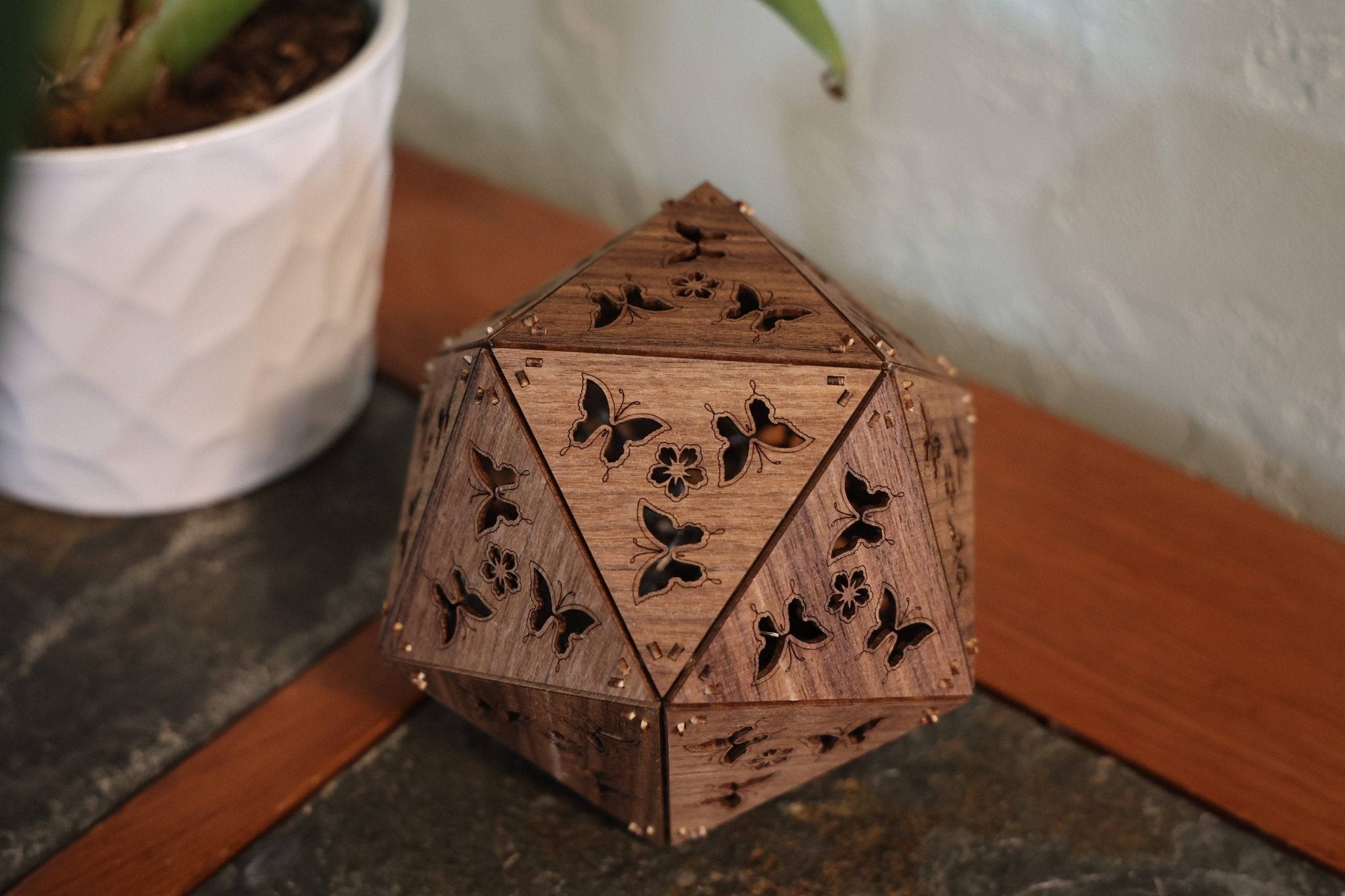 Butterfly Shadow Lamp: Cordless LED Projection Light, Walnut Wood Nature Decor - Five Penny Piece