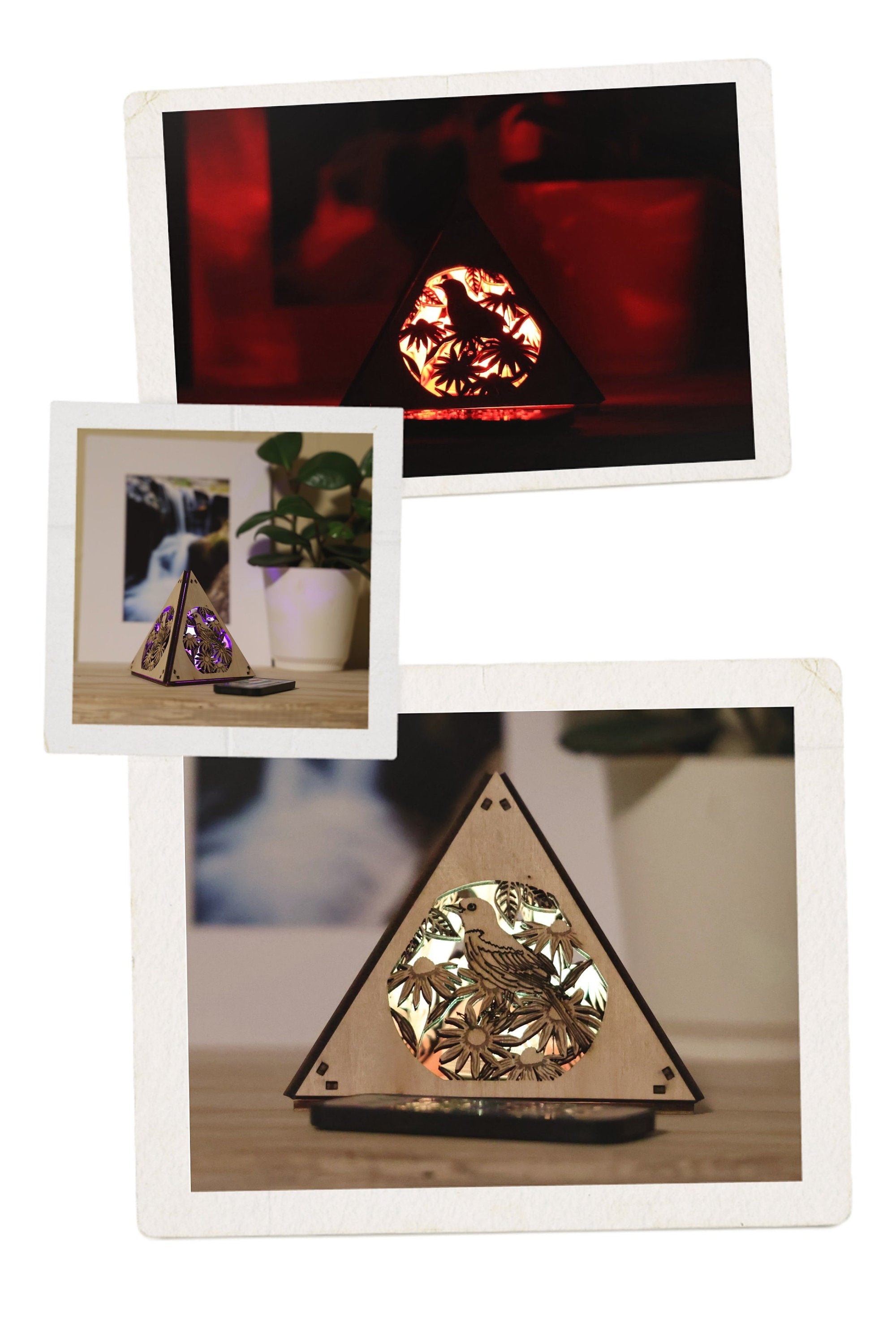 Bird Themed Lighted Decor: Laser-Cut Wood Pyramid Accent Lamp, RGB Cordless Light