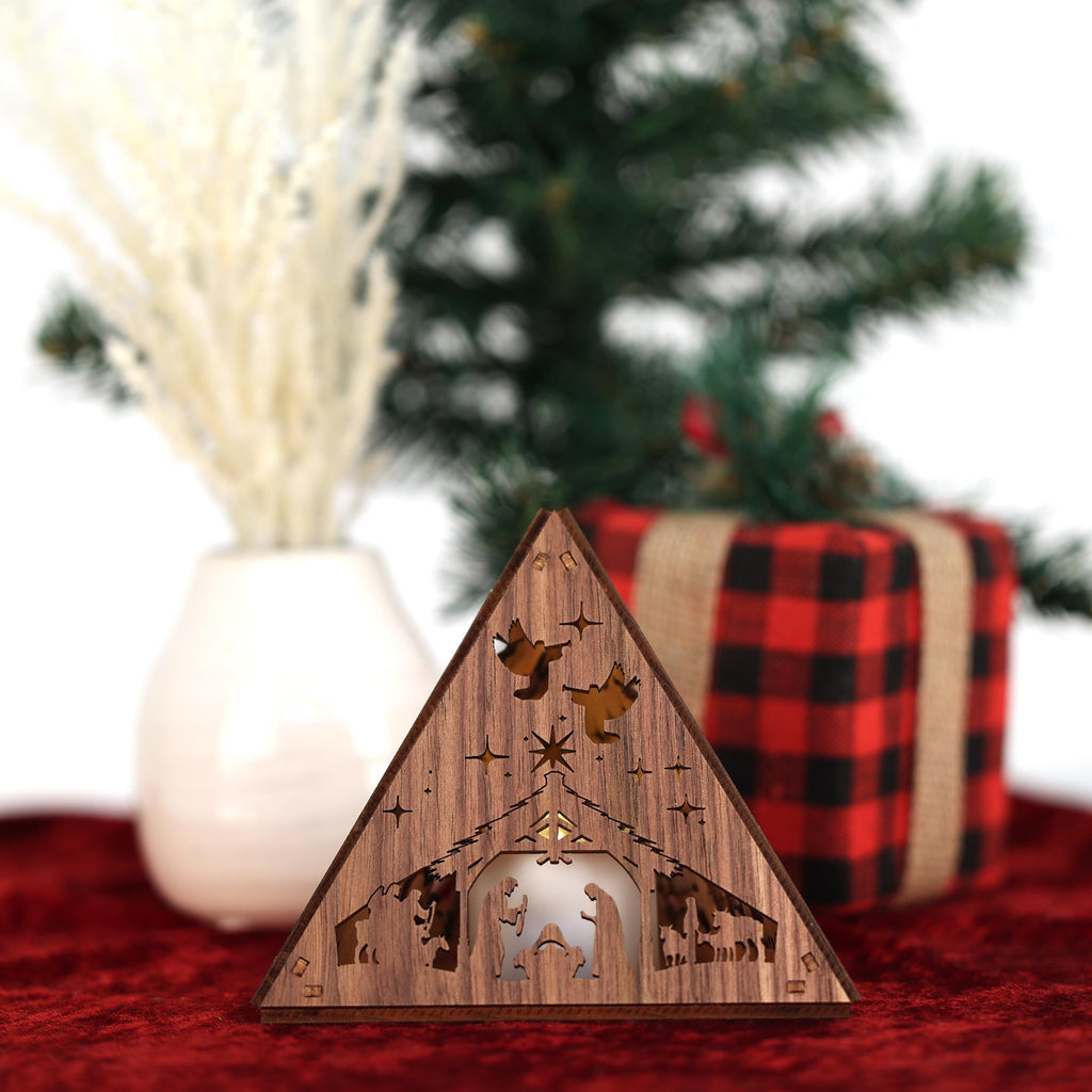 Wooden Nativity Scene Tea Light Holder: Cordless Christmas Night Light