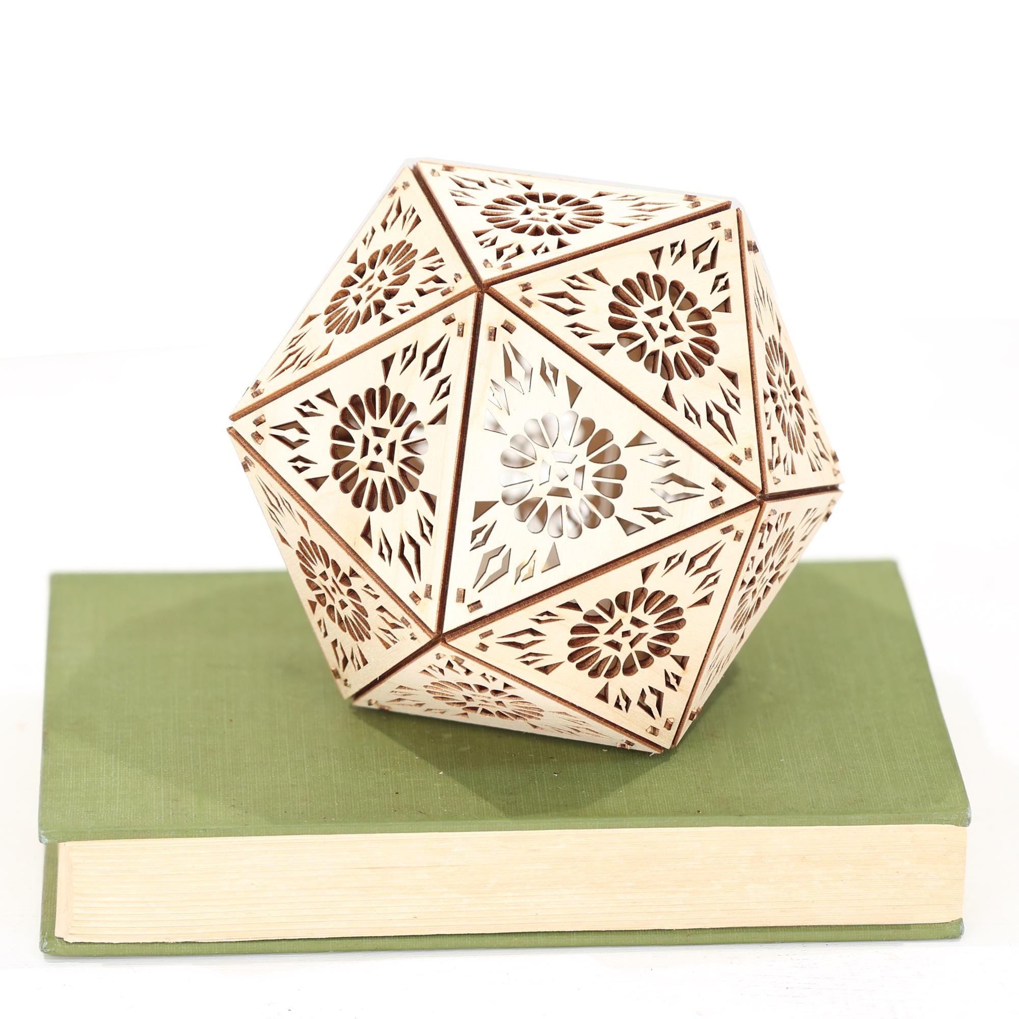 Geometric Wood Shadow Lamp: Mandala Decor, D20 Icosahedron Lantern