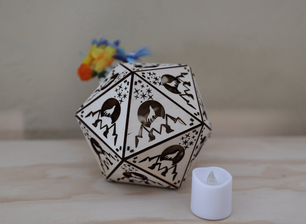Howling Wolf Shadow Lamp: Geometric Wooden Lantern, Mountain Decor