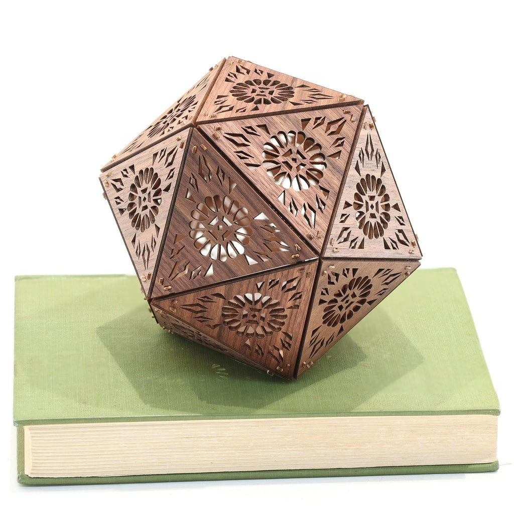 Geometric Wood Shadow Lamp: Mandala Decor, D20 Icosahedron Lantern