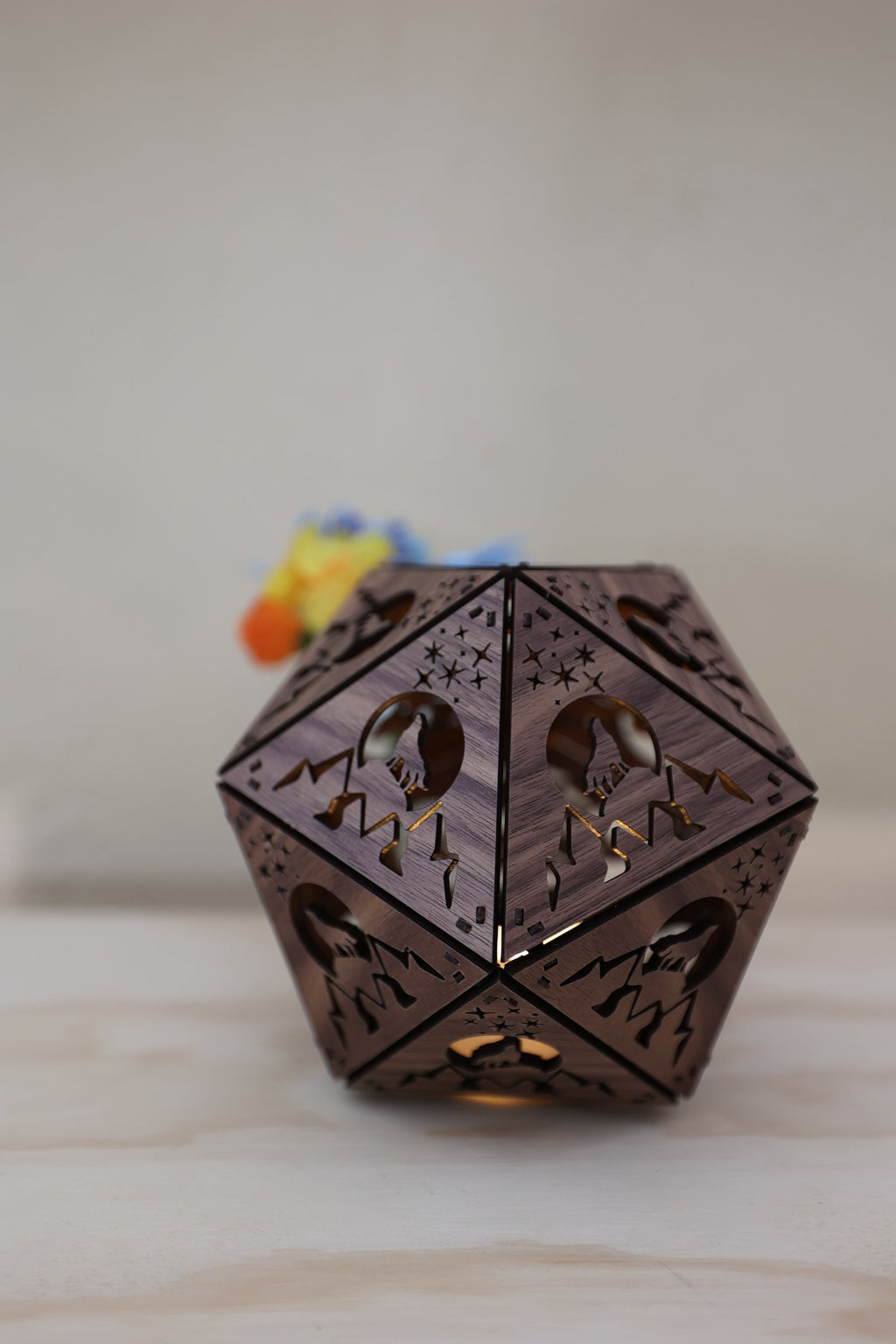 Howling Wolf Shadow Lamp: Geometric Wooden Lantern, Mountain Decor