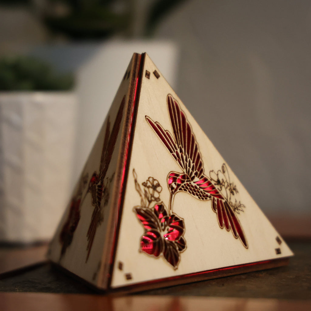 Hummingbird Wood Pyramid Night Light: RGB Bird Art Decor