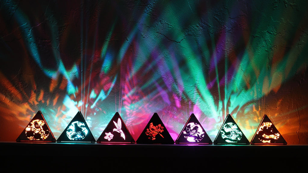 Bird Themed Lighted Decor: Laser-Cut Wood Pyramid Accent Lamp, RGB Cordless Light