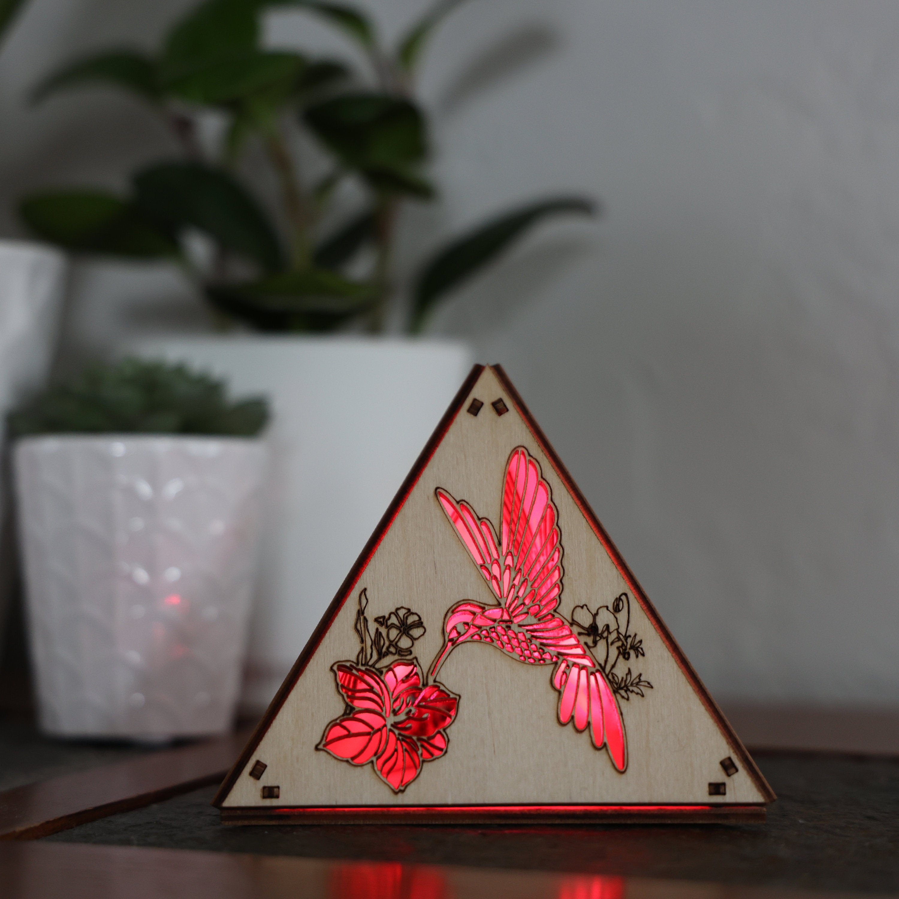 Hummingbird Wood Pyramid Night Light: RGB Bird Art Decor