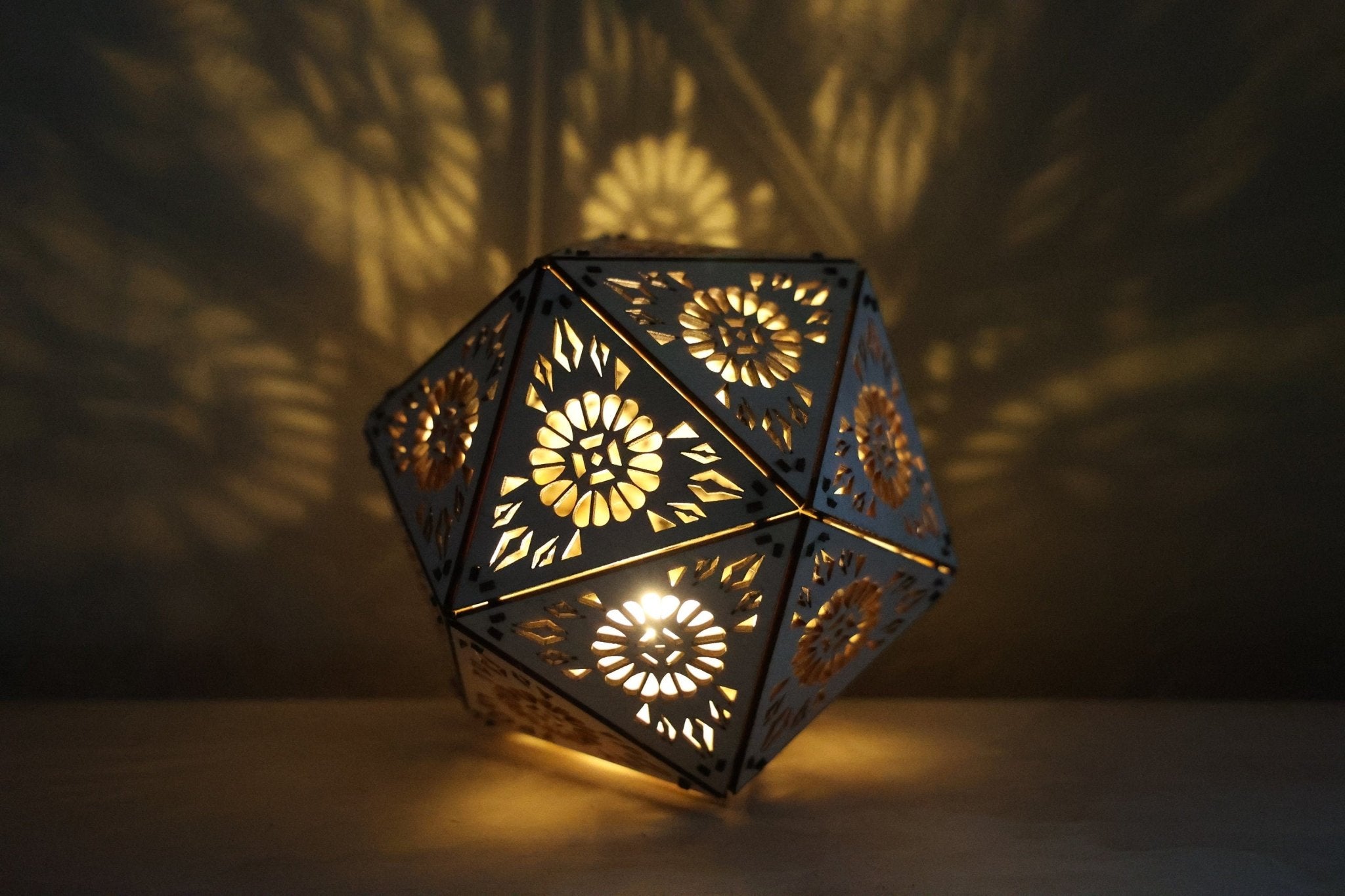 Geometric Wood Shadow Lamp: Mandala Decor, D20 Icosahedron Lantern - Five Penny Piece