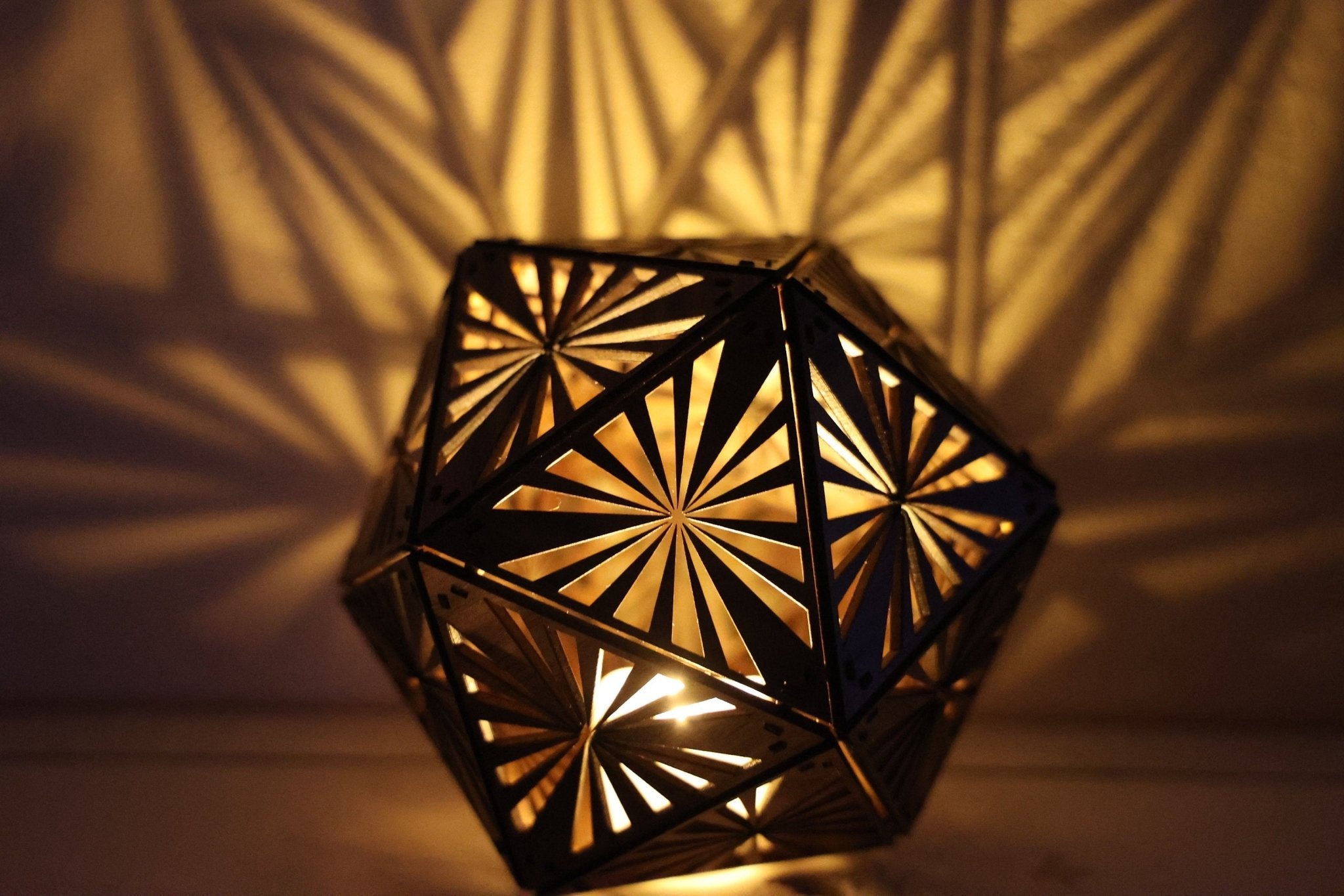 Geometric Wood Shadow Lamp: Mandala Decor, D20 Icosahedron Lantern - Five Penny Piece
