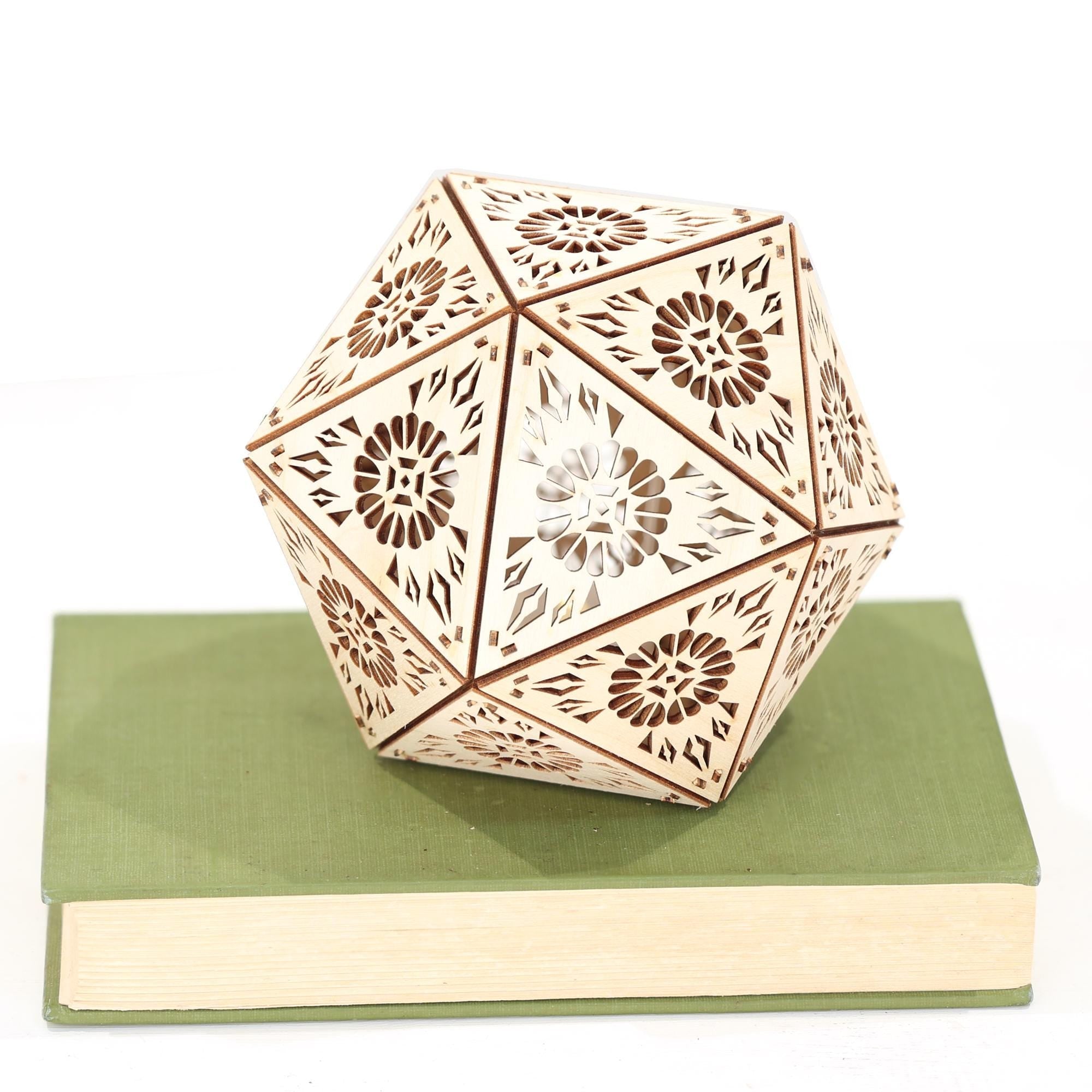 Geometric Wood Shadow Lamp: Mandala Decor, D20 Icosahedron Lantern - Five Penny Piece