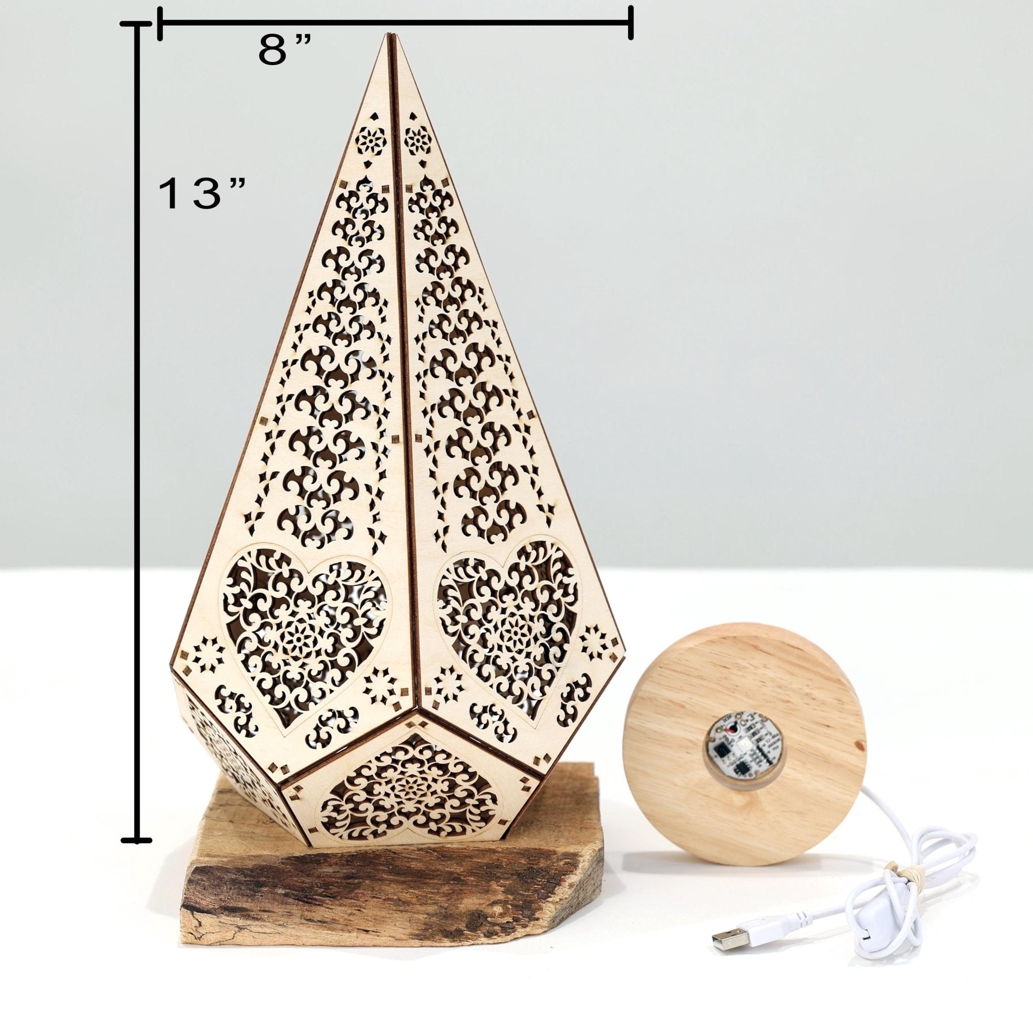 Heart Art Deco Table Lamp: Sculptural Shadow Lantern, USB Accent Light - Five Penny Piece