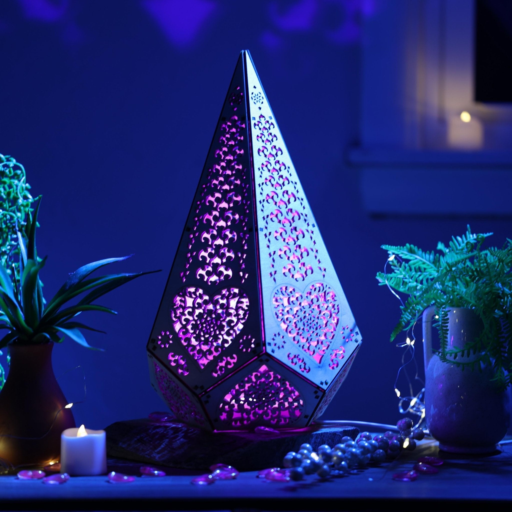 Heart Art Deco Table Lamp: Sculptural Shadow Lantern, USB Accent Light - Five Penny Piece