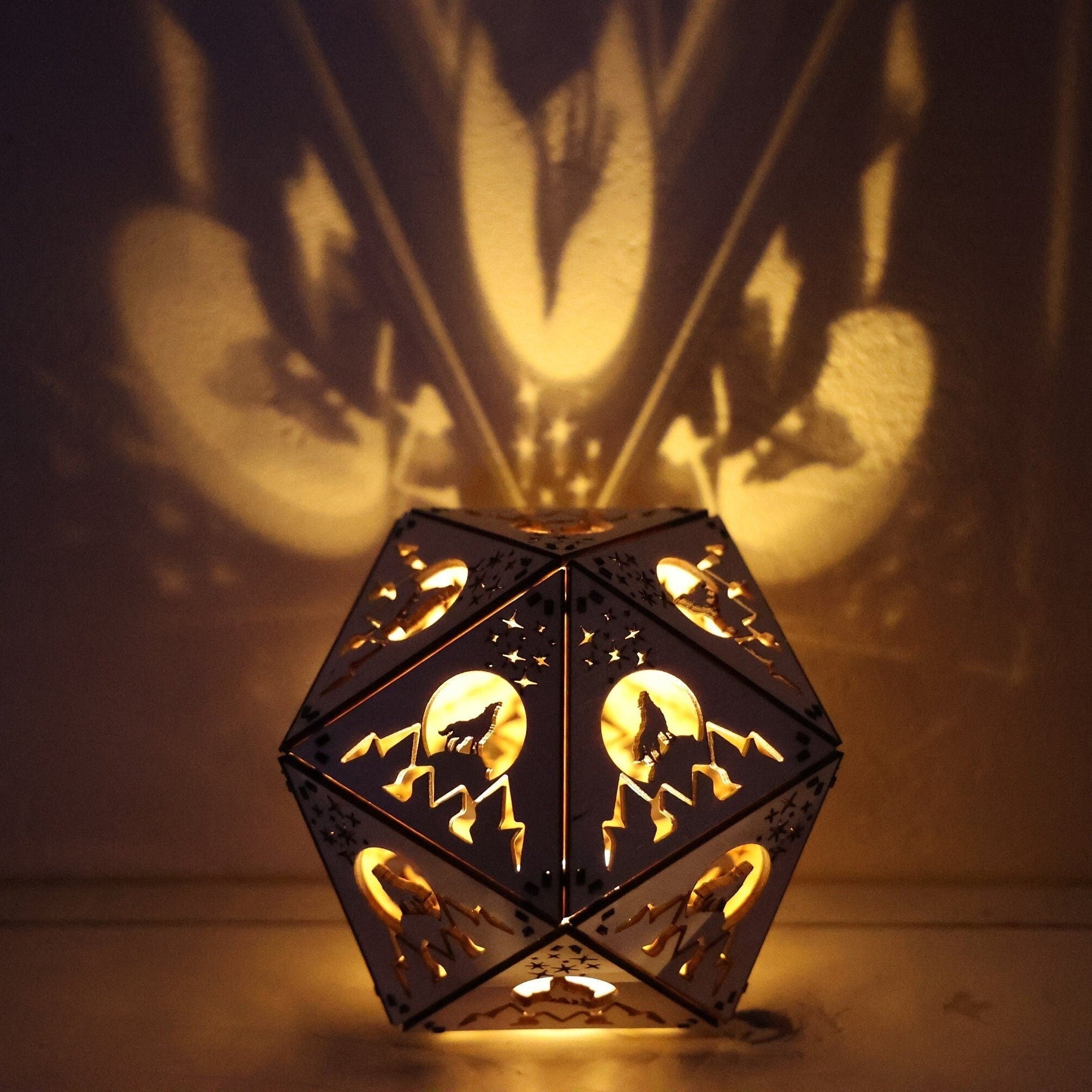 Howling Wolf Shadow Lamp: Geometric Wooden Lantern, Mountain Decor - Five Penny Piece