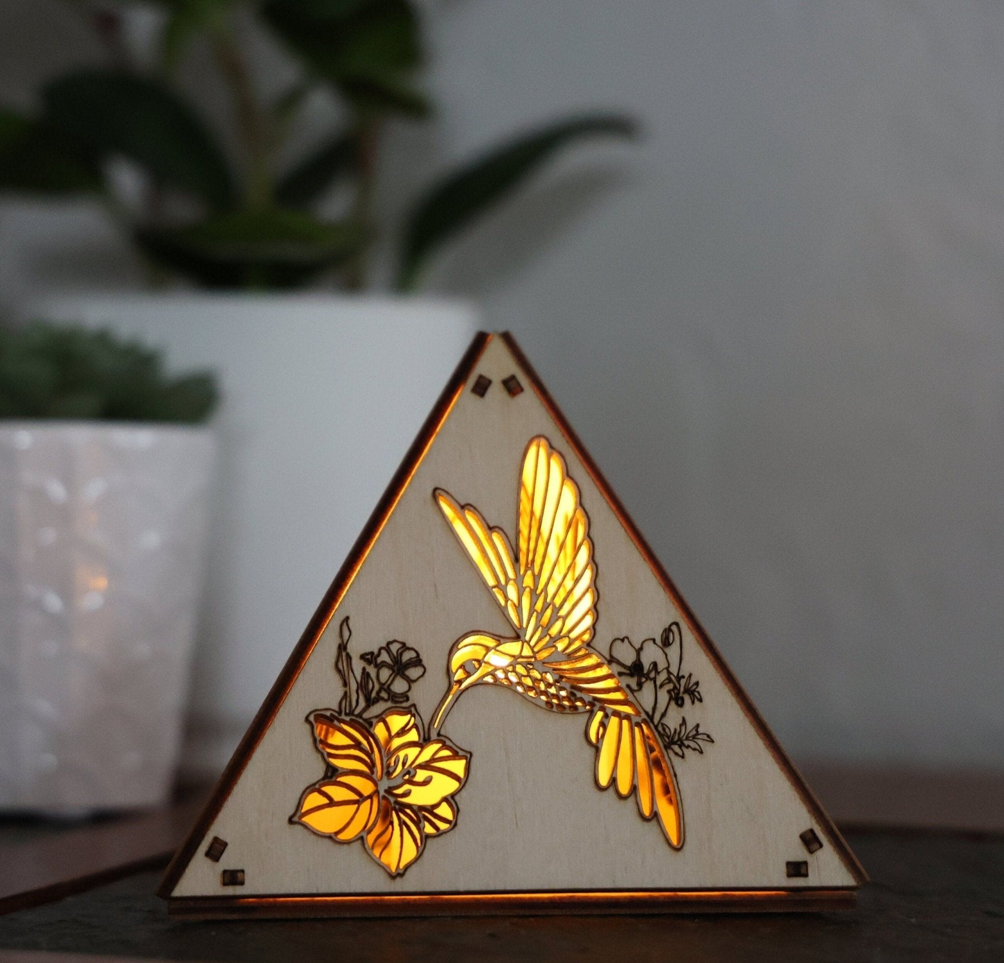 Hummingbird Wood Pyramid Night Light: RGB Bird Art Decor - Five Penny Piece