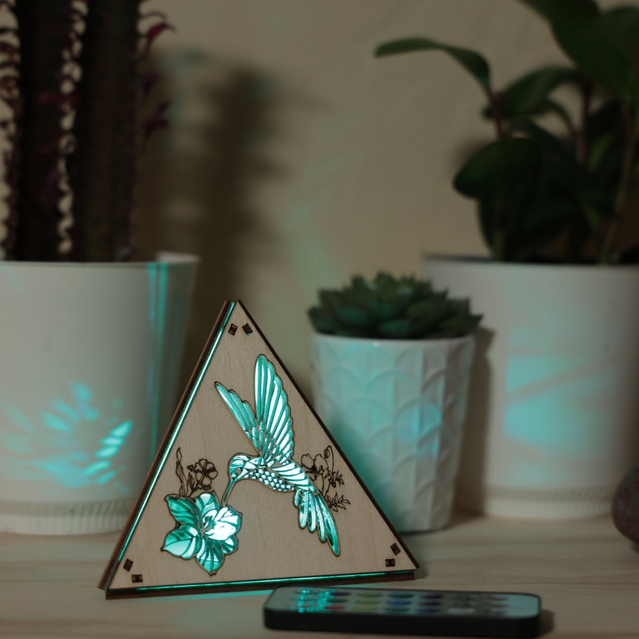 Hummingbird Wood Pyramid Night Light: RGB Bird Art Decor - Five Penny Piece