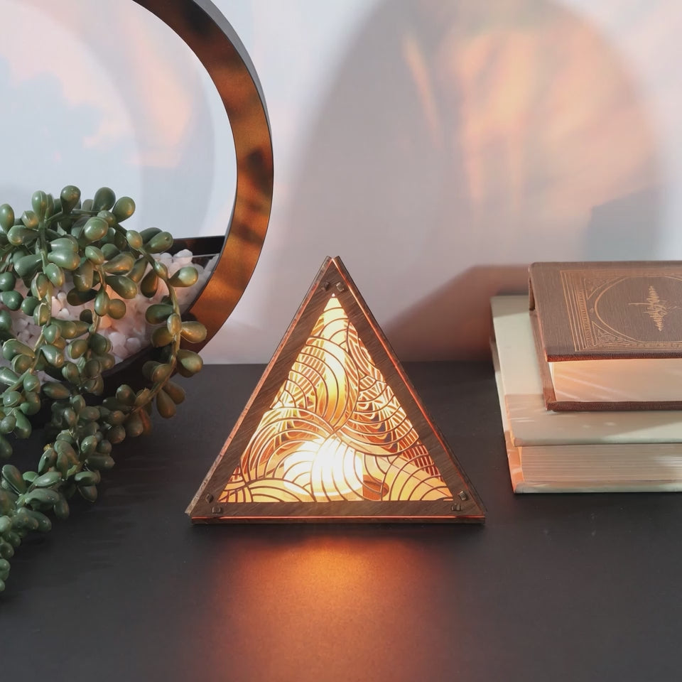 Radiant Echo Pyramid Lamp, Wooden RGB LED Color Changing Accent Light with Remote, Geometric Wave Night Light, Modern Table Decor