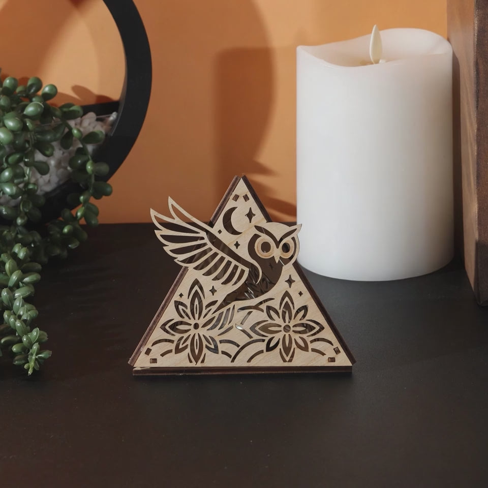 Moonlit Owl Pyramid Lamp, Wooden RGB LED Color Changing Accent Light with Remote