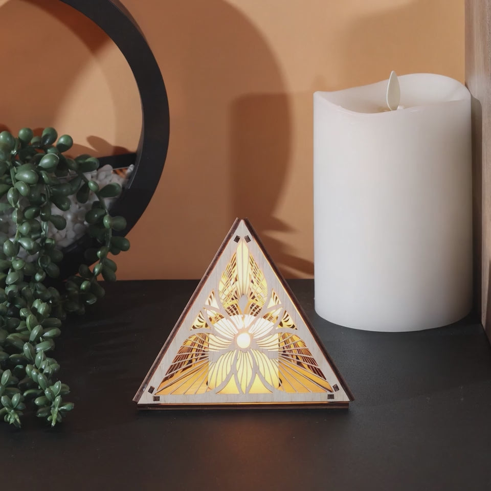 Sunburst Bloom Pyramid Lamp, Wooden RGB LED Color Changing Accent Light, Geometric Floral Night Light, Modern Table Decor