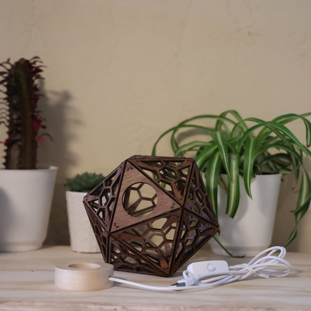 Star Honeycomb Shadow Lamp: Walnut D20 LED Nightstand Light - Five Penny Piece