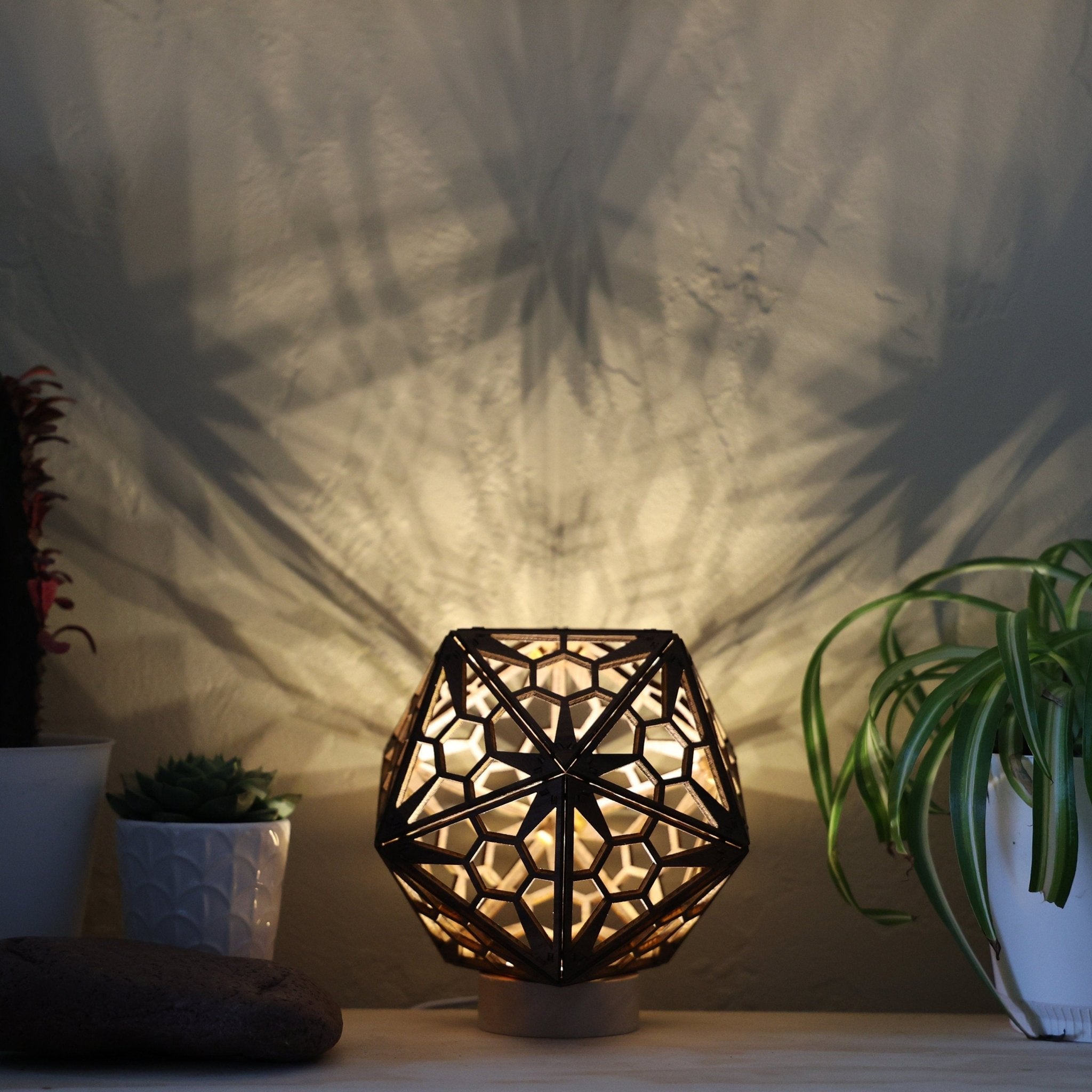 Star Honeycomb Shadow Lamp: Walnut D20 LED Nightstand Light - Five Penny Piece
