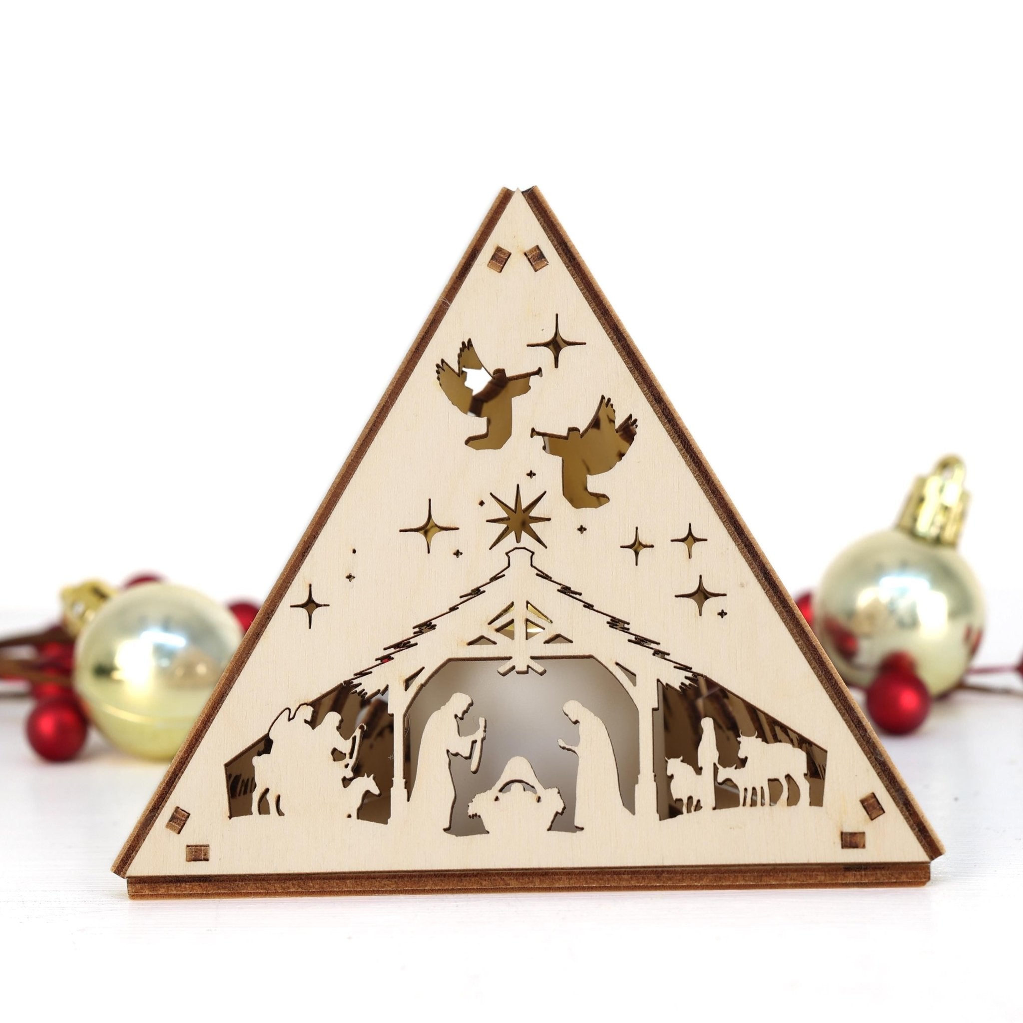 Wooden Nativity Scene Tea Light Holder: Cordless Christmas Night Light - Five Penny Piece