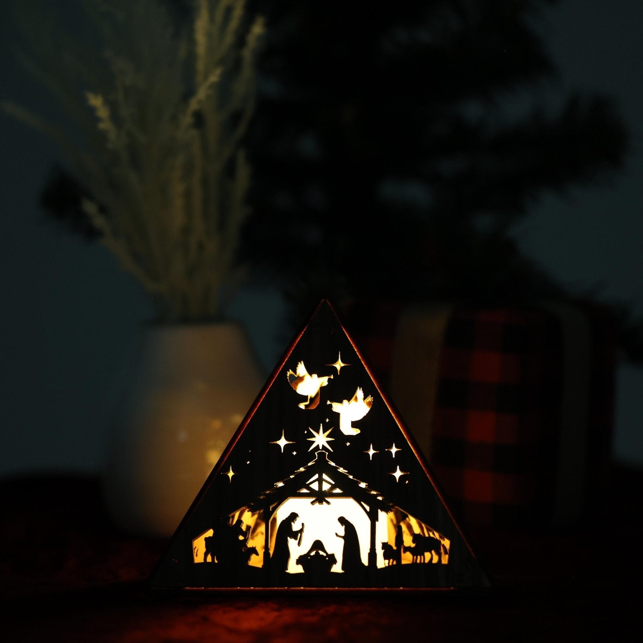 Wooden Nativity Scene Tea Light Holder: Cordless Christmas Night Light - Five Penny Piece
